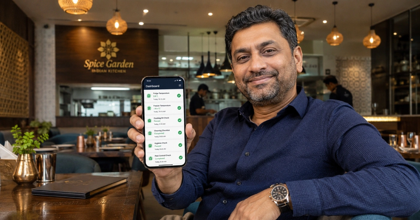 A restaurant owner showing the Saaf dashboard on his phone
