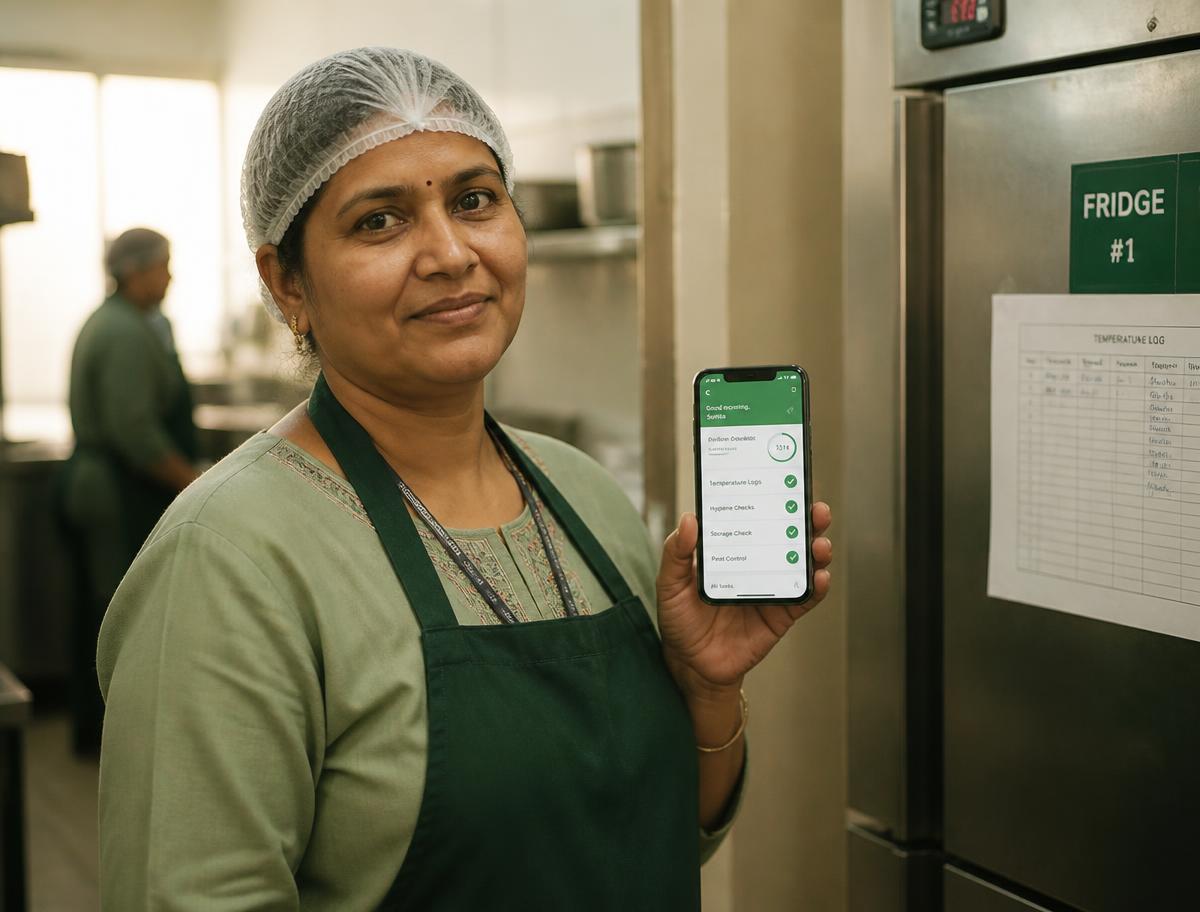 A kitchen supervisor showing the day's records on her phone beside a fridge