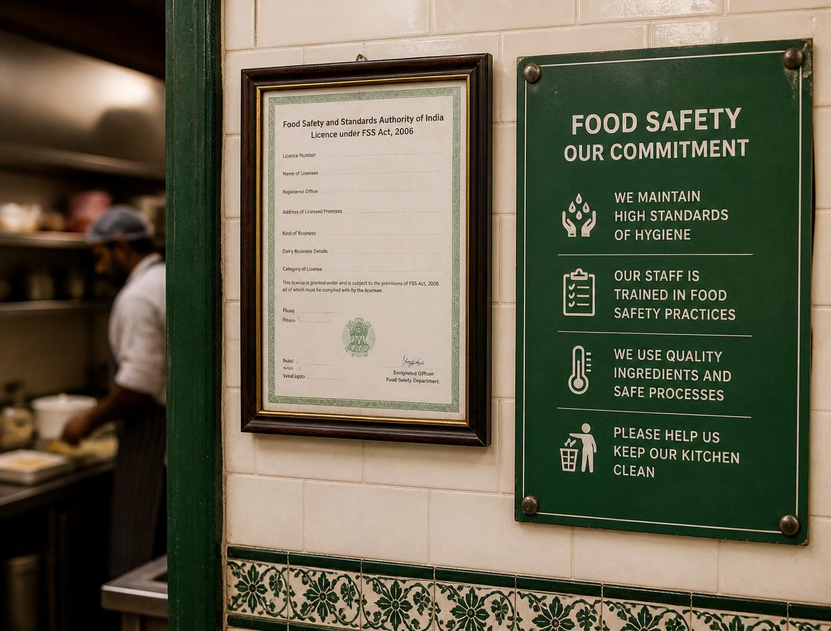 An FSSAI licence and a food safety display board on the wall of a restaurant kitchen