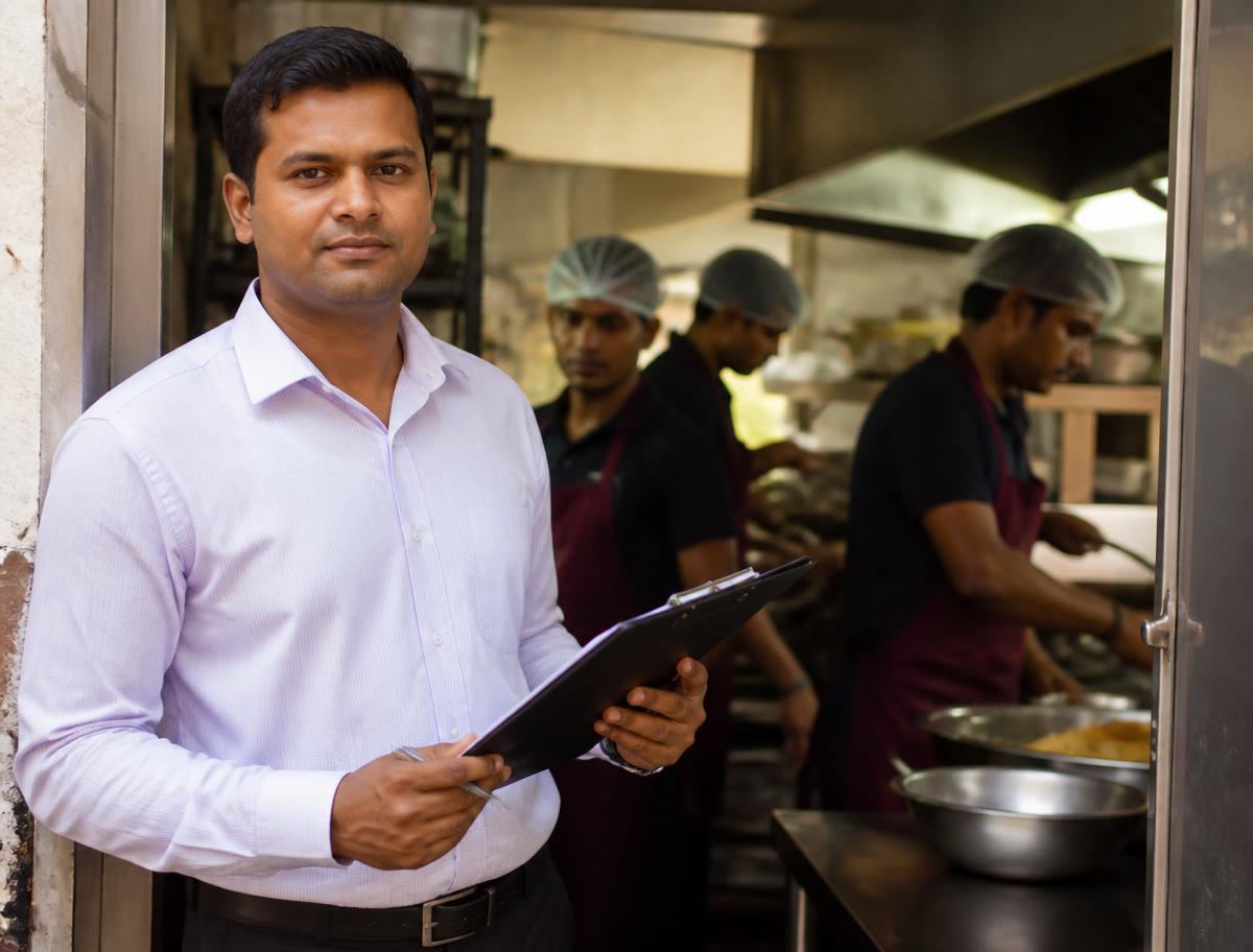An inspector with a clipboard at the doorway of a busy Indian kitchen
