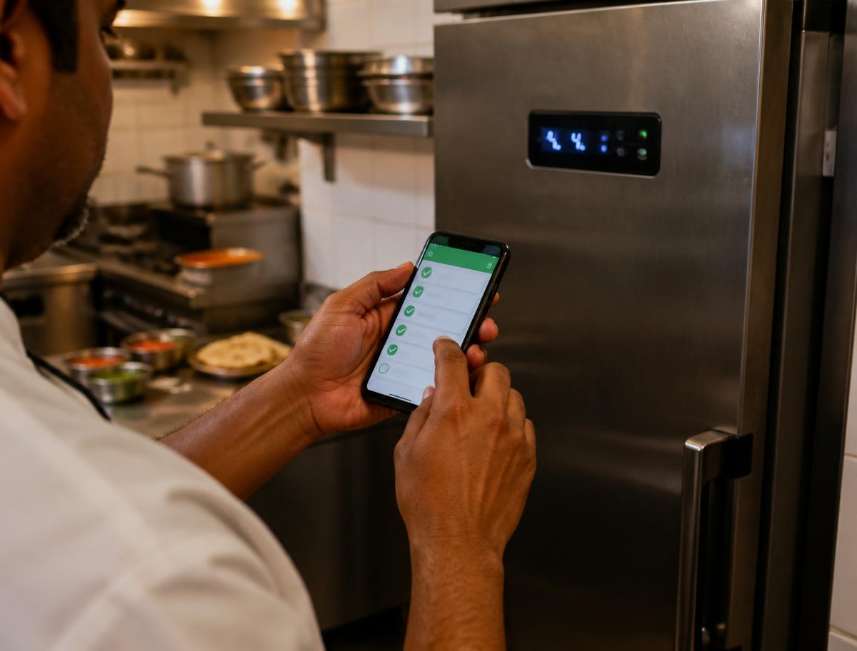 A cook logging a fridge temperature on his phone next to a walk-in fridge