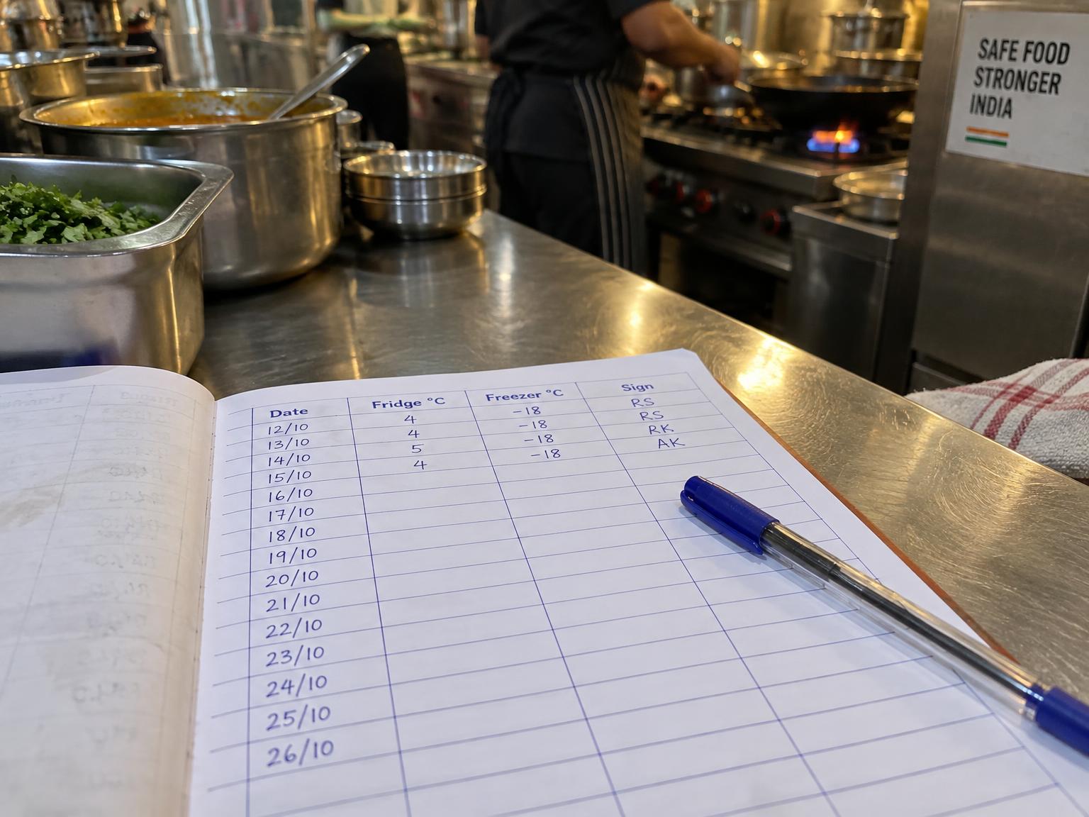 A handwritten temperature register in °C in an Indian kitchen, most rows left blank